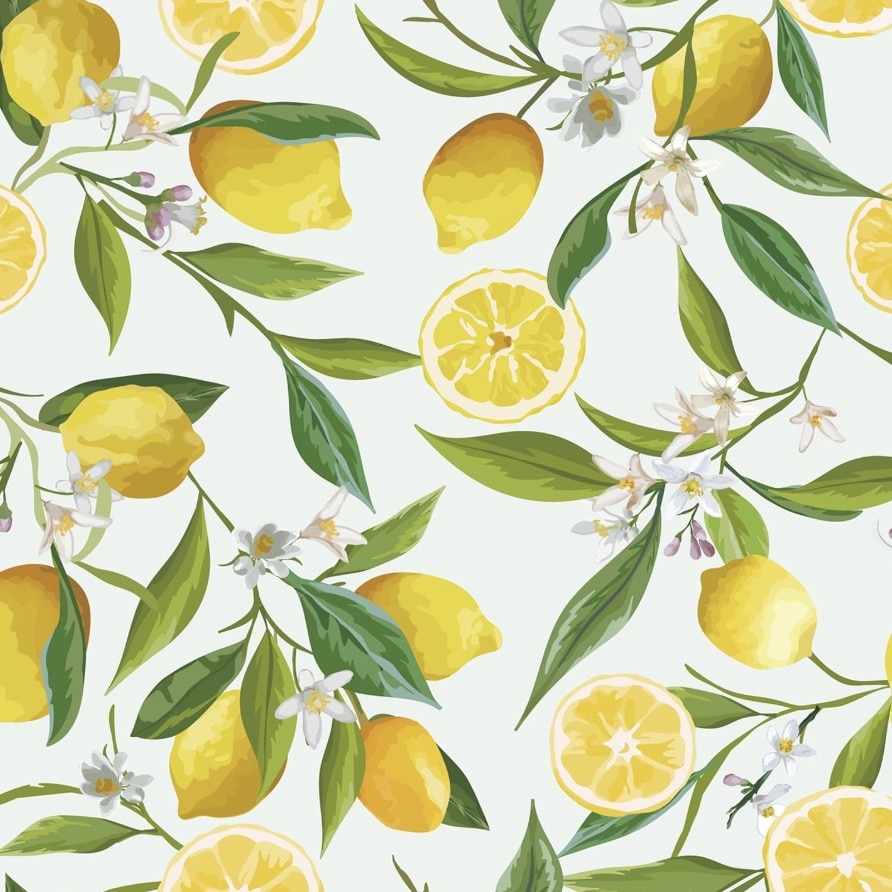 Seamless pattern featuring yellow lemons, lemon slices, green leaves, and white flowers on a light background—perfect for bright, fresh easy corkboard placemats that evoke a summery, citrus feel.